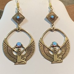 NEW LISTING*XL EGYPT REVIVAL ISIS 2-STONE LT. BLUE/VOLCANO FIRE OPAL EARRINGS-g