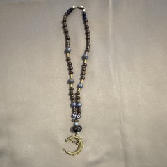 Handcrafted Beaded Necklace Blue Glass Crescent Charm Pendant Brown Gold Brass
