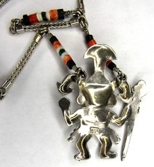 Peru 950 Sterling Silver Multi Stone Inlay Warrior King Pendant Heishi Necklace