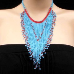 Handmade Beaded Turquoise Blue Seed Bead Bib Necklace Lariat