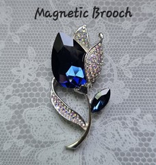 Large Dark Blue Floral MAGNETIC brooch silver-tone AB. Pin Free Magnetic clasp