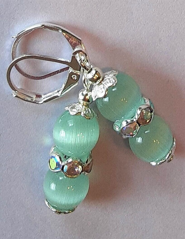 SEAFOAM CAT EYE & CRYSTAL drop earring SP LEVERBACK handcrafted #120