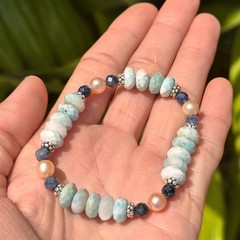 Natural Larimar Sapphire & Peach Pearl Stretch 7″ Bracelet Boho Artisan Blue