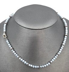 Dainty Pale Blue Cultured Pearl Necklace with sterling accents & Clasp 14 in
