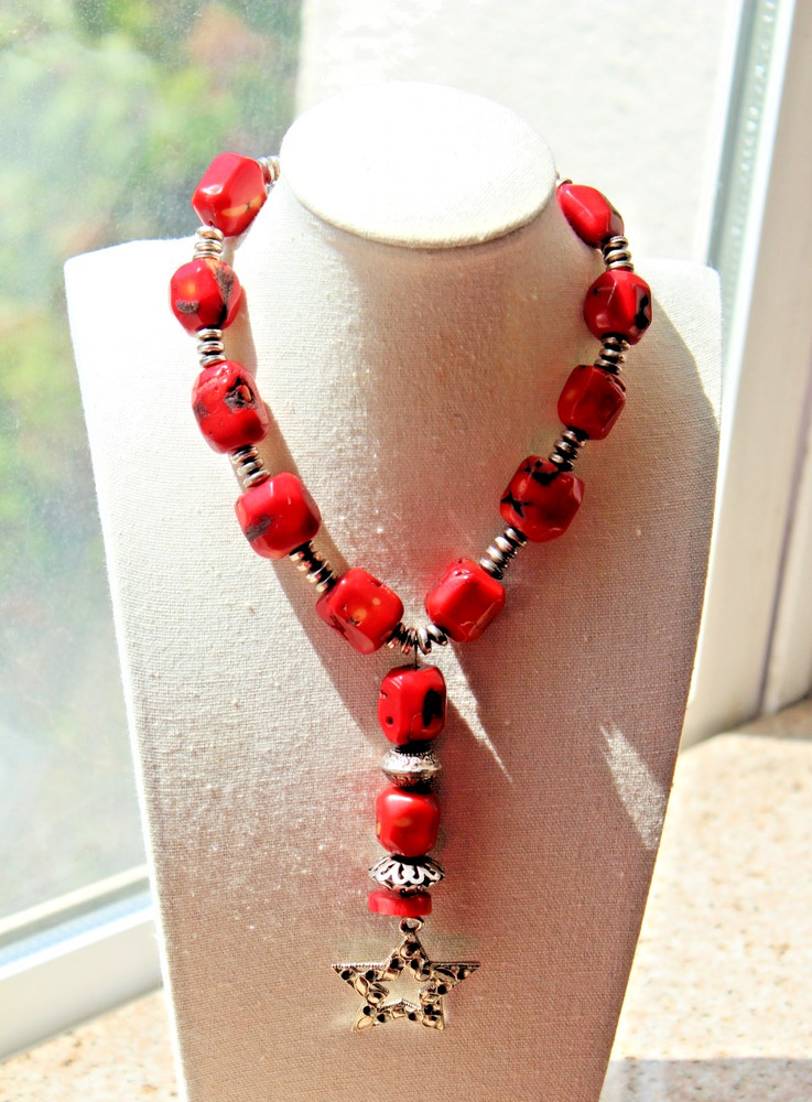 Taxco Mexico Red Coral Necklace Bracelet Set Artisan Strling Silver Star Pendant
