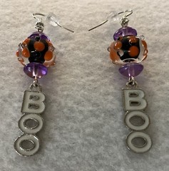 Halloween Black & Orange LampWork Glass Polka Dots “BOO” Drop/Dangle Earrings