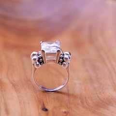 Size 7, Two Tone Sterling 925 silver shiny ring 14K gold beads rectangular cz