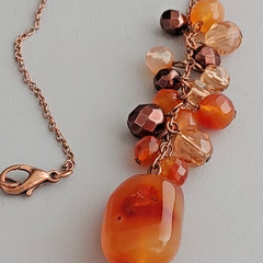 Beaded Burnt Orange Stone Glass Copper Tone Pendant Necklace Cascading Cluster
