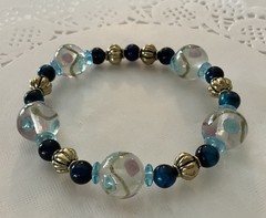 Ladies Beautiful LampWork Glass & Gemstone Beaded Stretch Bracelet 7.5”