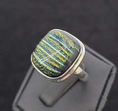 Sterling Dichroic Glass Ring Size 8 Iridescent Striped Modern Unique Statement