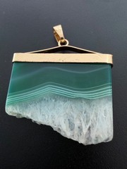 Natural Green Banded Agate Druzy Slice Pendant Gold Tone Quartz Crystal Boho