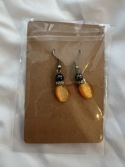 Handcrafted Orange Black Silver Beaded Dangle Drop Earrings Metal Hook