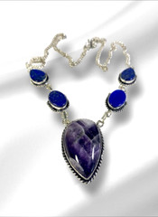 Amethyst & Lapis Lazuli 5 Gemstone Handmade Cascade Necklace 29 Grams 20″