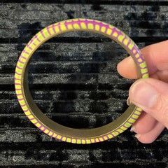 Artisan Made Layered Polymer Clay On Brass Bangle Bracelet Purple Green 8.25”