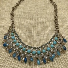 Artisan Gold Tone Chain Teal Blue Crystal & Acrylic Beaded Bib Fashion Necklace