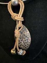 Artisan Hammered Metal Leaf Pendant Wire Collar Necklace Leather Mixed Metal