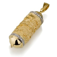 Mezuzah & Jerusalem Jewish Pendant 18K Yellow Gold with Diamonds Solid Jewelry