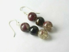 Tourmaline Earrings Dark Red, Green 8mm Ball Natural Gemstone .925 Silver 1 1/2″