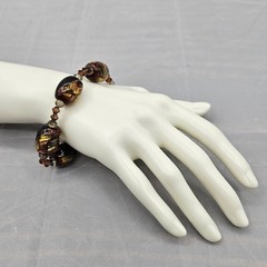 Murano Style Art Glass Bracelet Black Brown Gold Sparkle Accents Beads