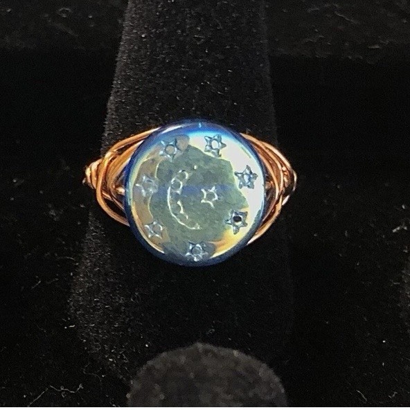 Blue Moon And Stars Ring, Iridescent, Copper Wire Wrap, Size 7 1/2 #Fairycore