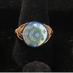 Blue Moon And Stars Ring, Iridescent, Copper Wire Wrap, Size 7 1/2 #Fairycore