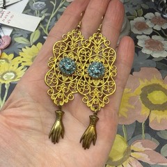 Adorned Crown Jewelry assemblage blue rhinestone hand filigree earrings