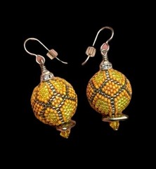 Yellow Orange Beaded Bead Round Ball Dangle Drop Pierced Earrings