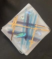 Fused Art Glass Brooch Pin – Metallic Blue – White, Black, Gold