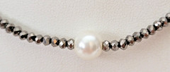 Dainty Hematite Glass Beads Faux Pearl Choker Necklace 13″ to 15″ L