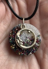 Handmade Resin Shimmer Pendant W/multicolored Sparkle & Celestial Moon Necklace