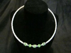 Fancy Wire Beaded Choker Silver Plated Toggle Clasp Green Glass Beads Bead Caps