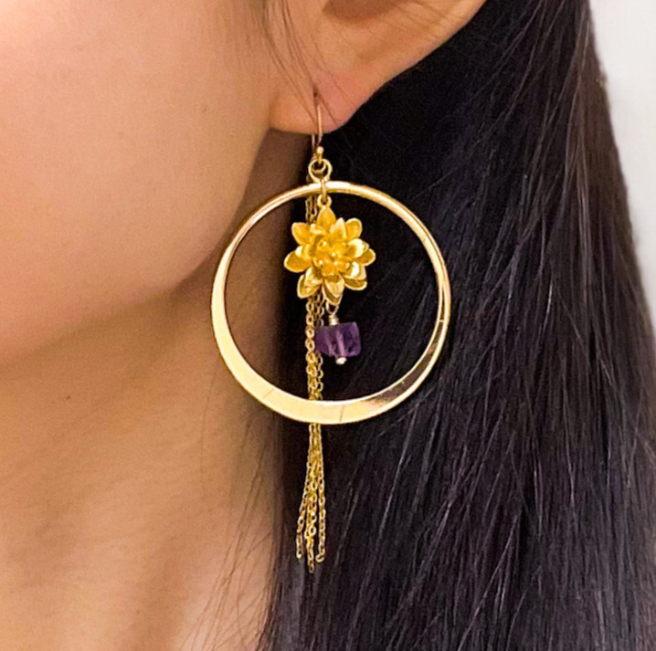 Gold Lotus Hoop Earrings Raw Amethys, 14k Gold Filled or Sterling Silver