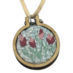 Pink Floral Hand Embroidered Pendant Necklace Boho 17” Handcrafted Statement