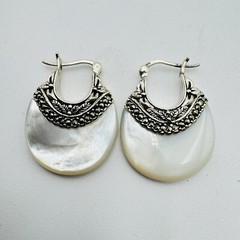 Sterling Silver Mother of Pearl Marcasite Hoop Earrings Signed BBJ