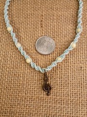 New Blue Hemp Necklace W/ Bronze Music Charm & White Beads 15 in Macrame