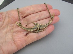 Art Nouveau Bird Necklace Egyptian Revival Pendant Oxidized Brass Chain Birthday