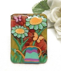 Echo & Hara Garden Themed Watering Can Flower Bouquet & Butterflies Brooch Pin