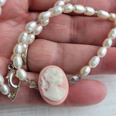 Pearl Crystal Tiny Pink Cameo Pendant Necklace 19.5″ Artisan Made One Of a Kind