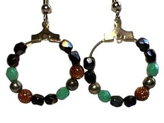 Handmade Beaded Drop Hoop Earrings .5″D Black & Green