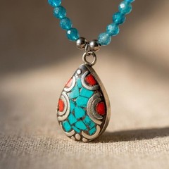 Natural Apatite Necklace, Tibetan Silver Turquoise Coral Pendant, Boho Gemstone