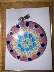 Venetian Murano Millefiori 1 1/4″ (32mm) Pendant in .925 Sterling Silver Frame