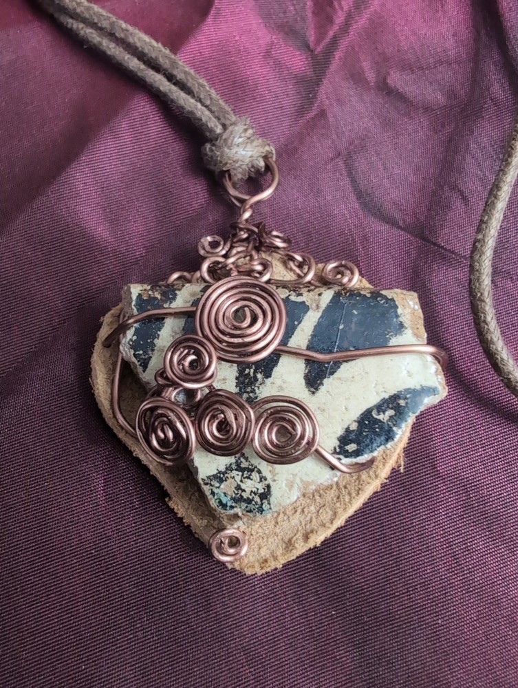 Handmade Honduras Lenca Pottery Shard Copper Wire Wrapped Pendant on Leather