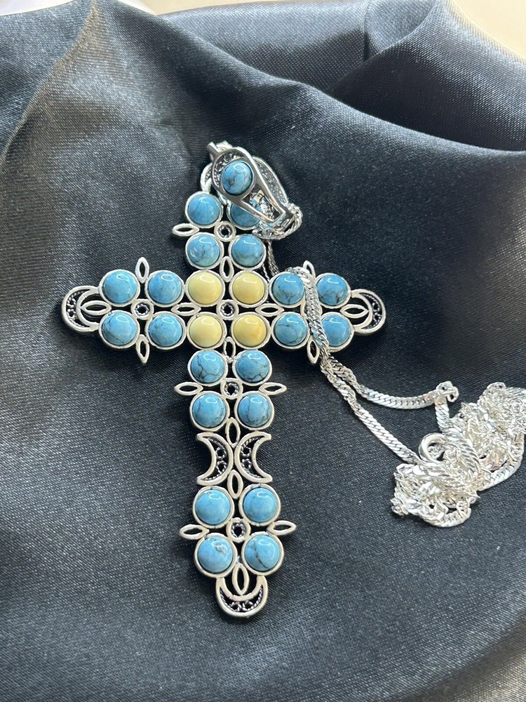 Himalayan Gems Cross Pendant, Turquoise & Butterscotch Amber, 18″ Chain 925