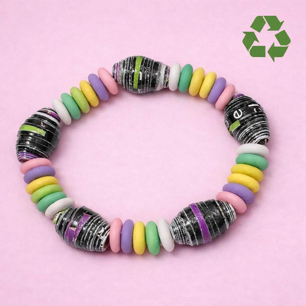 Handmade Stretch Bracelet w/ Recycled Paper Beads & Multicolor Polymer Beads