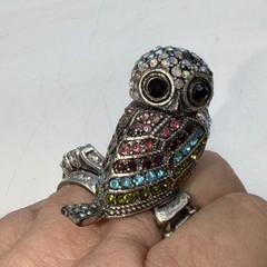 Vintage Owl Stretch Ring Standing 3-D Owl Rhinestone Purple Silver Tone
