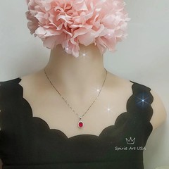 Gemstone Halo Ruby Necklace 2 CT Oval Solitaire Red Ruby Pendant Sterling