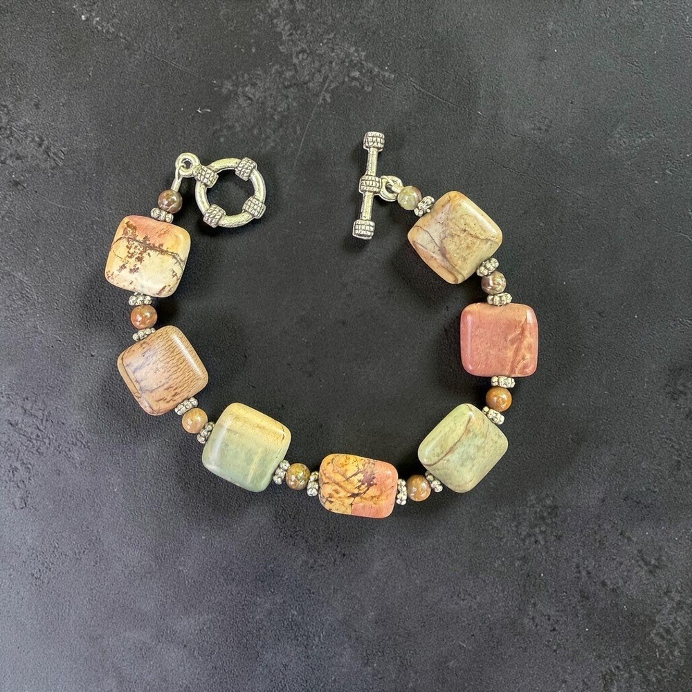 Vintage Jasper Stone Bracelet Earthy Square Beads W/ Toggle Clasp Handmade 7.5”