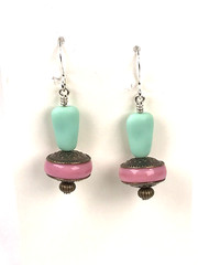 Handmade Vintage Beaded Earrings, Mint Green & Pink, Silver Plated Hooks