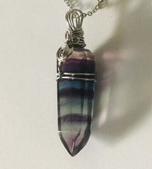Natural rainbow fluorite crystal point wire wrapped pendant necklace