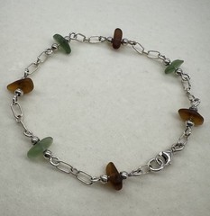 Sterling Silver Sea Glass Bracelet Green Amber Tumbled Beads Modern Link 7”